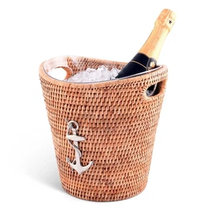 Beach Essentials - Wicker Rattan Champagne Bucket, 10 Inches Tall with Pewter... - Picture 1 of 8