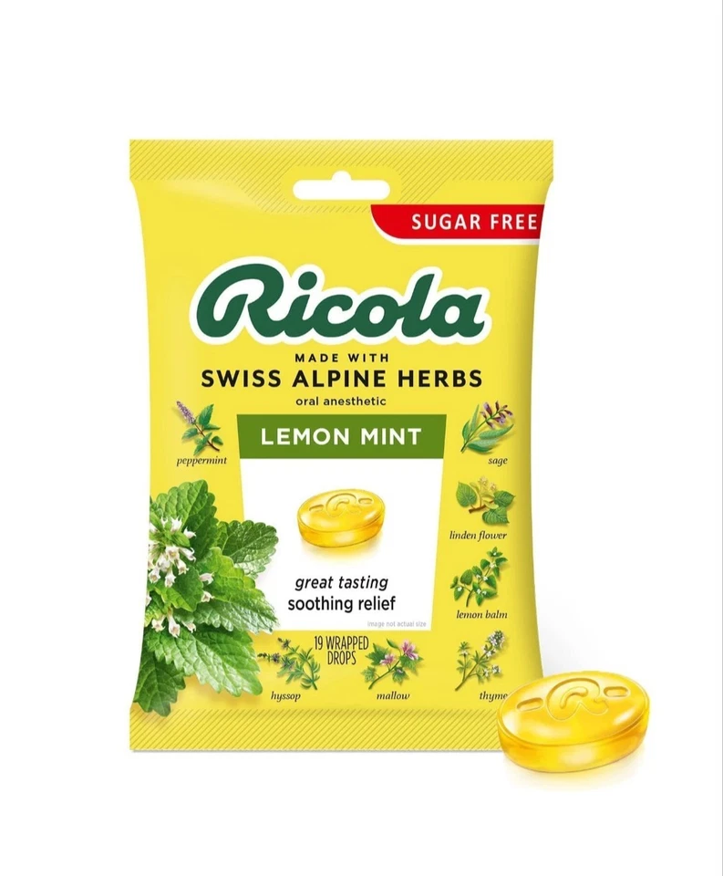 Paquete de 8 gotas de garganta de hierbas ricola limón menta sin azúcar 19 gotas Ea. Bolsa Exp 12/27 Foto 1 de 1