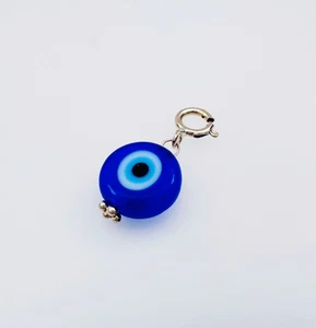 14K Solid Yellow Gold Millefiori Glass 8mm Blue Evil Eye Charm Pendant w/ Clasp - Picture 1 of 20
