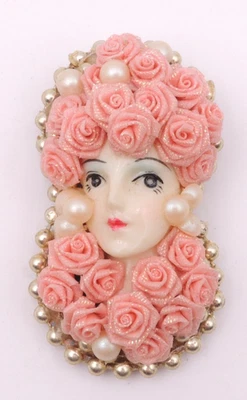 Vintage Porcelain? Lady Face Brooch Handmade Flapper Pin Art Deco Roses Pearls - Image 1 of 4