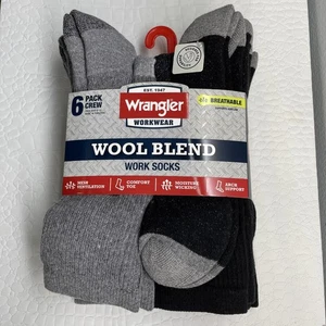 Wrangler Workwear Wool Blend Work Socks 6 Pack Crew Shoe Size 6-12 - Gray-Black - Picture 1 of 8