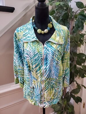 Ruby Rd Womens Multi Palm Leaf Linen Long Sleeve Full Zipper Jacket Size 20W - Image 1 of 4