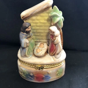 "Caja de baratija de belén de Navidad de colección pesebre borde dorado palmera pared cerámica 4""" - Imagen 1 de 11