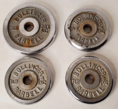 Vintage Bollinger Barbell Three 3lb & One 5lb Threaded Weight Plates CHROME - Image 1 of 4