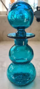Vintage Rainbow Teal Blue Crackle Glass Wide Lip Bottle Decanter w/ Ball Stopper - Picture 1 of 4