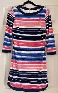 Vince Camuto Shift Dress Blue Pink Stripes MIDI Long Sleeve Lined Size 6 $128 - Picture 1 of 10