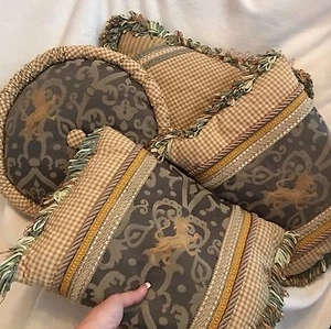 Set of 4 Custom Made Pillows, Green Yellow Brown LION Check Fringe Feather Down - Picture 1 of 12