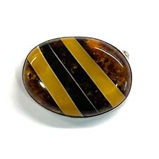 925 Solid Sterling Silver Multicolor Inlay Baltic Amber Oval Beautiful Brooch