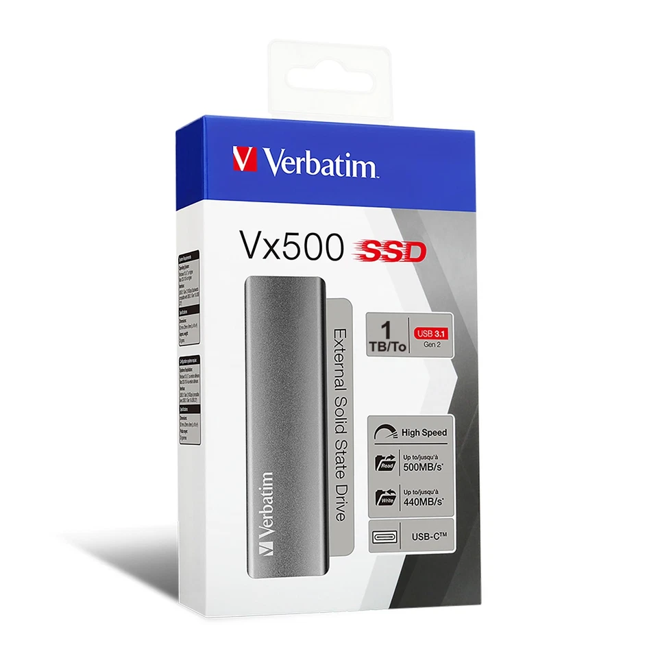 Verbatim Vx500 SSD-Festplatte 1 TB USB-C 3.2 Gen 2 Silber für schnelle - Bild 1 von 1
