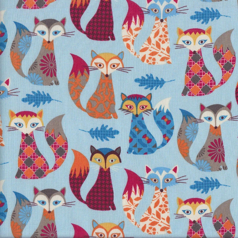 NEW Funky Foxes Leaves on Blue Quilting Fabric 1/2 Metre - image 1 of 1