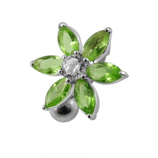 Reverse Belly Bar Sterling Silver Light Green Crystal Flower Navel Ring 8mm Size - Image 1 of 1