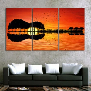 Guitar Trees Lake Reflection Sunset Canvas Print Painting Wall Art Home Decor 3P - Picture 1 of 3