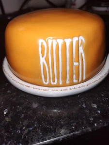 Butter Dish Yellow & White Round Small Covered Threshold Stoneware - Picture 1 of 2