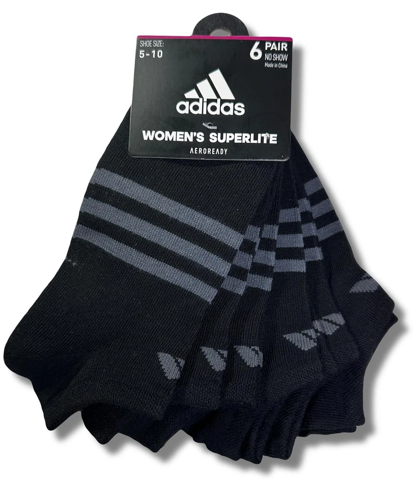ADIDAS SOCKS WOMEN'S - NO SHOW - 243 SUPERLITE BLACK GREY - SHOE 5-10 - 6 PACK - Image 1 of 1