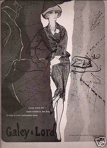 Anuncio de moda ilustrado de Galey & Lord Roy Colonna de los años 50 1959 - Imagen 1 de 1