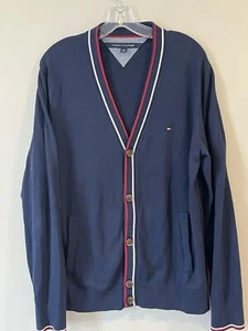 Tommy Hilfiger Men’s Red White Blue Cardigan Sweater Size Lg Preppy - Picture 1 of 6