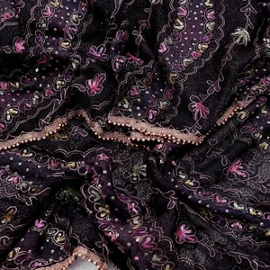 Vintage Black Dupatta Net Mesh Long Stole Hand Embroidered Scarves Zari Hijab - Picture 1 of 19