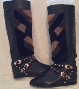 Ivy Kirzhner HUSKY Tall Boot 9.5 Black Leather Fur Trimmed Studs Hidden Wedge - Picture 1 of 13