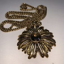 Signed Robin Steele Necklace  Gold Tone Toggle Clasp Rhinestone Flower Pendant