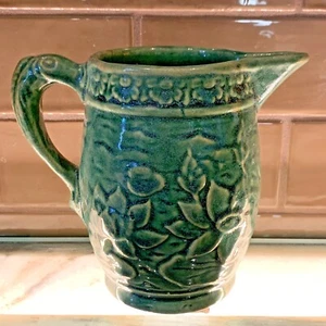 MCCOY STONEWARE 30 1935 Green Lily Pad Fish Handle 5.5" H PITCHER - Picture 1 of 8