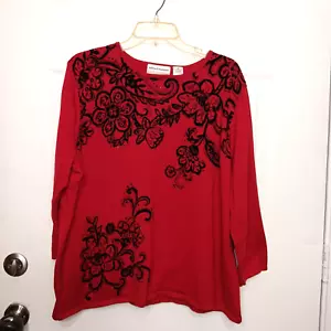Maglione donna Alfred Dunner taglie forti 2XL rosso e nero manica lunga collo barca B8 - Foto 1 di 9