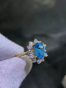 14k Sólido Oro Amarillo Redondo Topacio Azul Y Diamantes Vintage Diana Anillo - Imagen 1 de 12