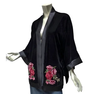 Max Studio Velvet Kimono Jacket Medium Black Floral Applique Satin Lined Scuff - Picture 1 of 8