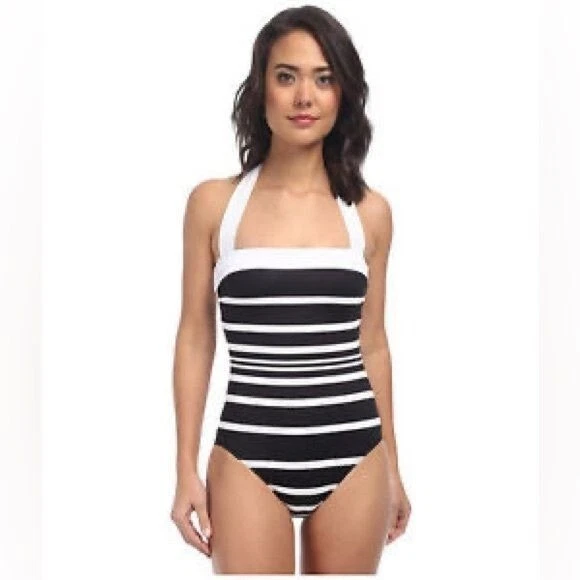 Ralph Lauren Kaylee Stripe Bandeau Mio One Piece Swimsuit Size 10 Black White - Image 1 of 4