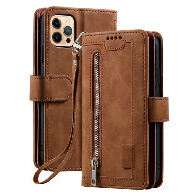 Funda tipo billetera de cuero con cremallera para iPhone 16E 13 11 14 15 17 Pro Max 7 8 Foto 1 de 4