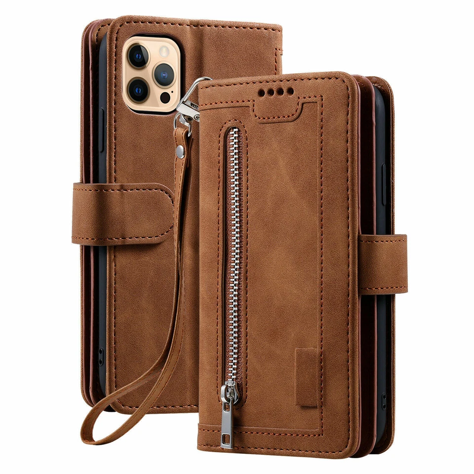 Funda tipo billetera de cuero con cremallera para iPhone 16E 13 11 14 15 17 Pro Max 7 8 Foto 1 de 4