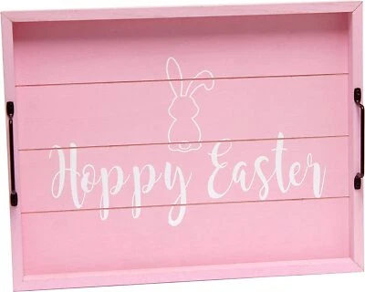 Decorative Wood Serving Tray Black Handles 15.50x12 Happy Easter Light Pink - Image 1 of 4