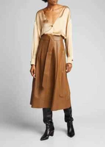 VINCE BELTED LAMB LEATHER WRAP MIDI SKIRT-TAN LEATHER-SIZE:12-BRAND NEW W/ TAGS - Picture 1 of 11