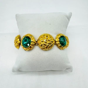 Vintage Carol Dauplaise Gold-Tone and Emerald Green Rhinestone Bracelet - Picture 1 of 6