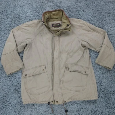 Timberland Jacket Men Large Beige Cotton Zip Weathergear Chore Coat Leather Trim - Image 1 of 4