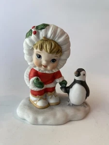 Vintage Lefton Snow Girl W/ Penguin Christmas 08284 Ceramic Hand Painted - Picture 1 of 9