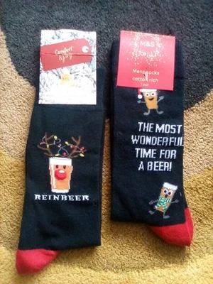2 x M&S Cotton Rich Mens Socks Beer Christmas Theme - One Size - BNWT - Image 1 of 2