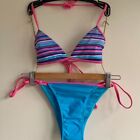 AS Swimwear Brazilian Stripe Bikini Set Contrast Trim Size G = UK 12 Blue Pink  