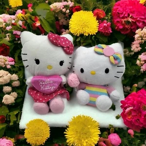 Hello Kitty Sanrio and TY Plush Lot Of 2 ~ Pink Polkadot And Pastel Stripe 2014 - Picture 1 of 4