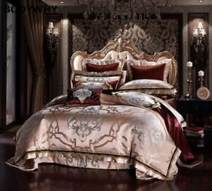 New Golden Silk Cotton Luxury Satin Jacquard Bedding Set Large King Size Bedding