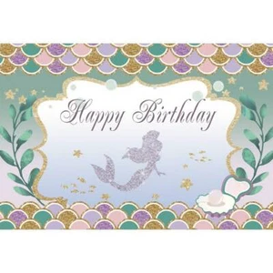 Mermaid Happy Birthday Vinyl Backdrop Photo Booth 5 Ft x 7 Ft Hanging Background - Picture 1 of 4