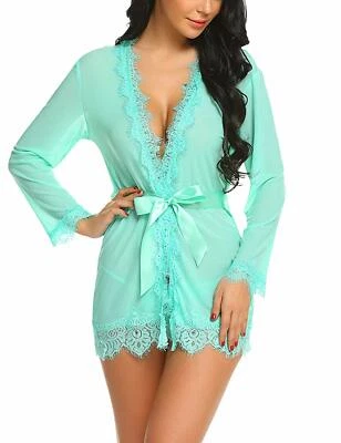 Sexy ropa para dormir negra para mujer satinada encaje lencería corta kimono bata tanga EE. UU. Foto 1 de 4