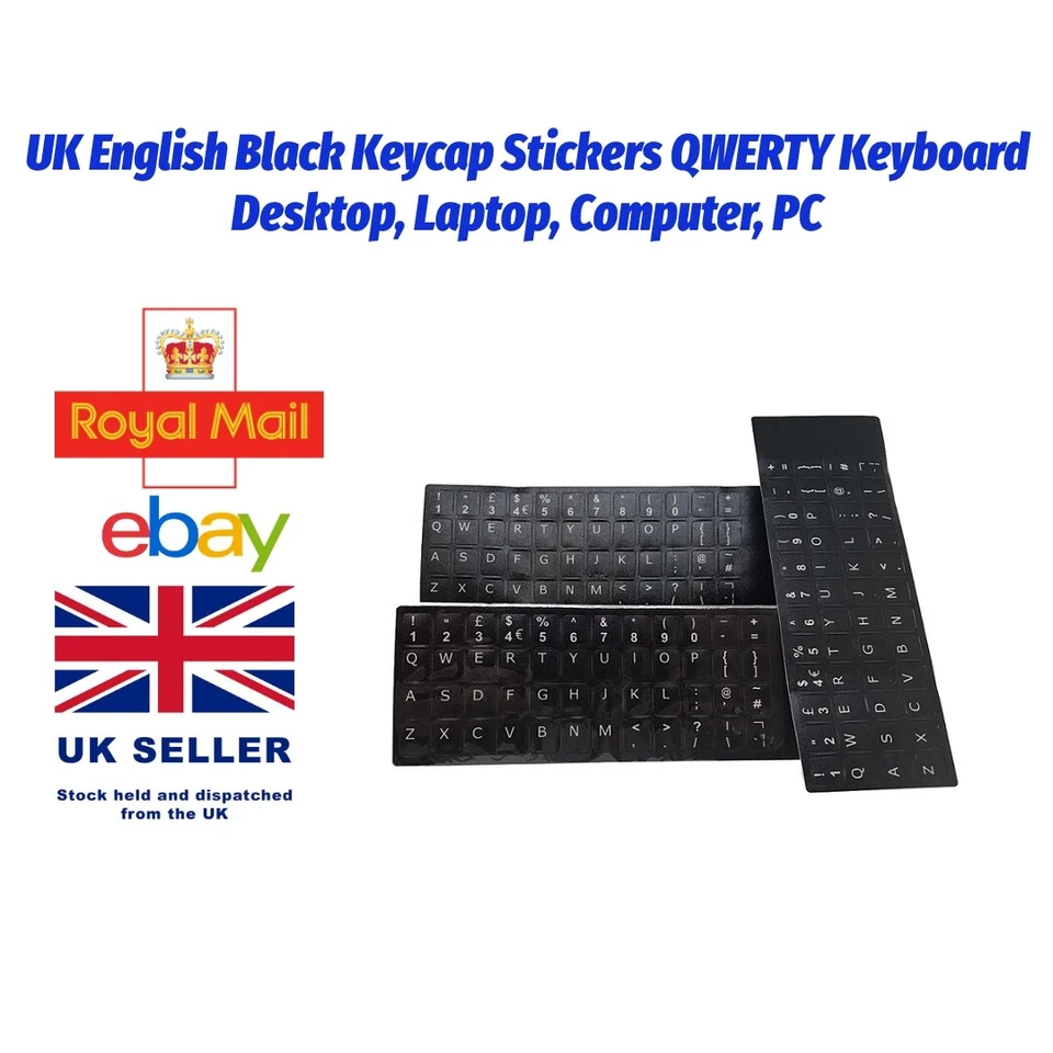 UK English Black Keycap Stickers QWERTY Keyboard Desktop, Laptop, Computer, PC - Image 1 of 4