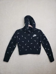 Nike Girls Sweatshirt Large Black Fleece Long Sleeve Hooded Logo Print Pullover - Picture 1 of 17