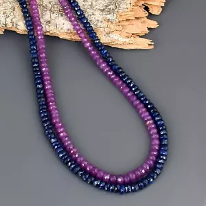 2 Strand Natural Blue And Pink Sapphire Gemstone Beaded Necklace 925 Silver - Picture 1 of 6