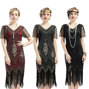 Ladies Gatsby Flapper 1920s Vintage Fringed Sequins Party Cocktail Dress 6-24 UK - Picture 1 of 35