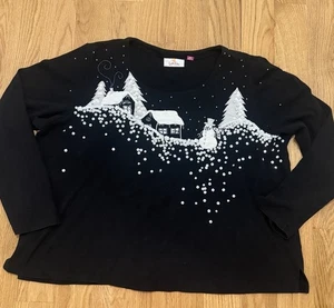 The Quaker Factory Black Long Sleeve Christmas Winter Snowman Snow Shirt Sz XL - Picture 1 of 8