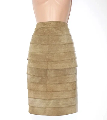 Women’s VTG Khaki Genuine Leather Knee Length Pencil Skirt UK10 UK12 W29 Italy - Image 1 of 4