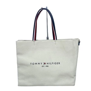 Auth TOMMY HILFIGER Cream Navy Canvas Leather Tote Bag - Picture 1 of 11