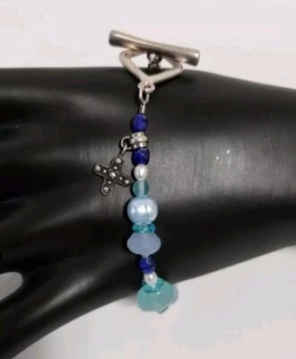 Barse Sterling Silver 925 Blue Crystal Glass Pearl Beaded Toggle Bracelet Glass - Image 1 of 4