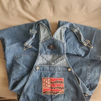 Vintage Denim & Co Overalls With Patchwork Flag Design on Bib and Hem Size Large - Image 1 of 4